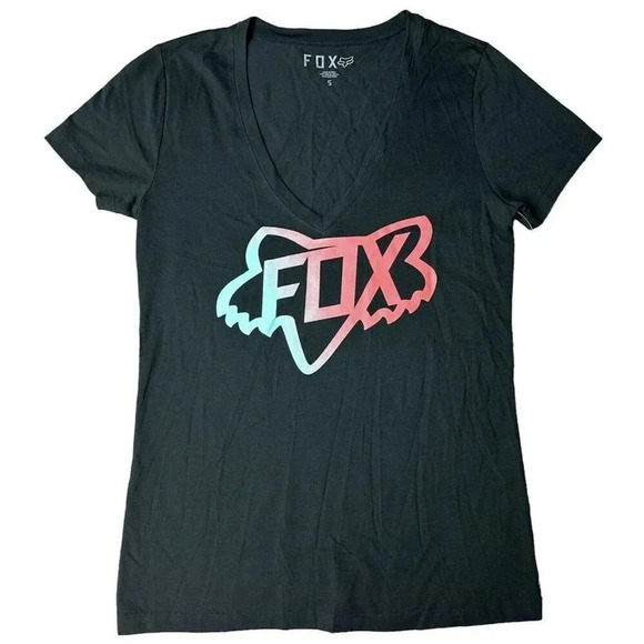 Fox Tops - Fox Racing Women Top  Black T-Shirt Logo Graphic Short Sleeve V Neck